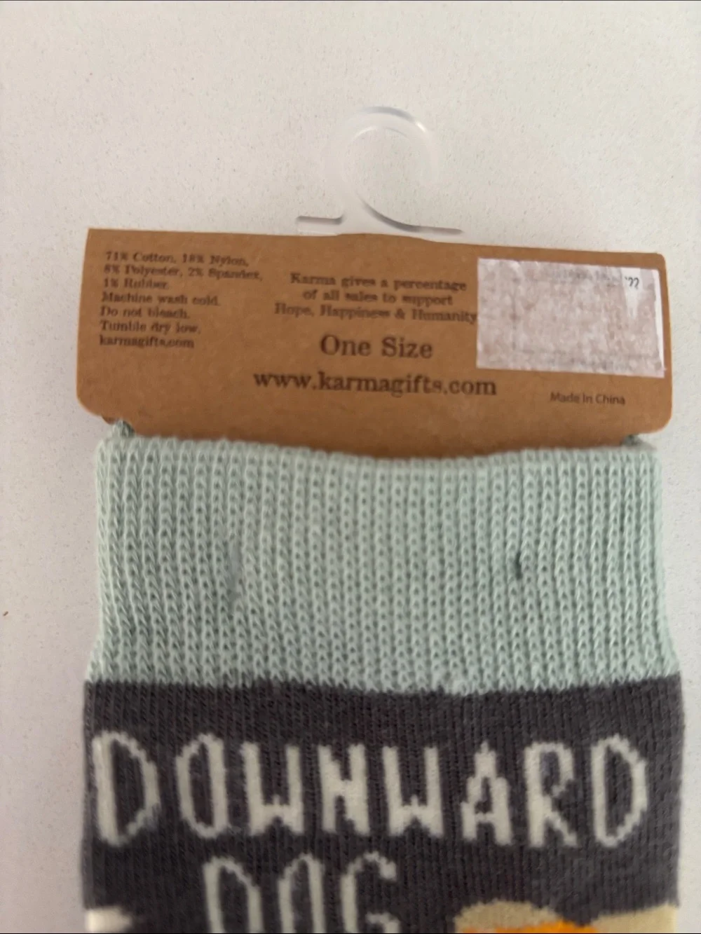 Karma Gray Crew Socks with Mint Cuff and Multicolor Dog Pattern